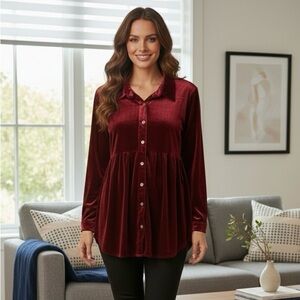 Umgee Velvet Babydoll Button Up Tunic Shirt Womens Size 1X